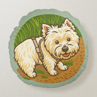Happy Westie on Nature Trail Round Pillow