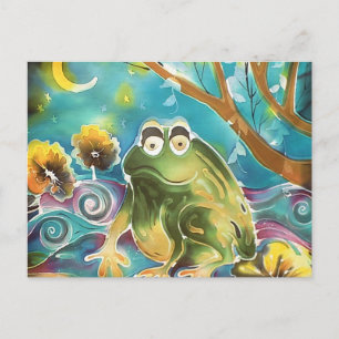 Happy Whimsical Frog at Night Silk Painting Postcard
