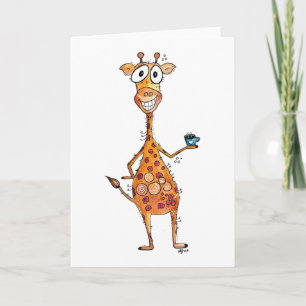 Happy Whimsical Giraffe Drinking Coffee Card