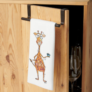 Happy Whimsical Giraffe Drinking Coffee Kitchen Towel