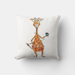 Happy Whimsical Giraffe Drinking Coffee Throw Pillow