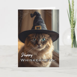 Happy Whiskerween with Halloween Witch Cat Card
