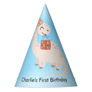 Happy White Brachiosaurus Dinosaur with gift and Party Hat