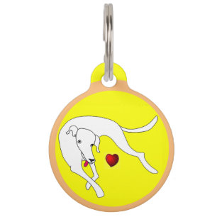 Happy white cartoon dog with love heart pet tag