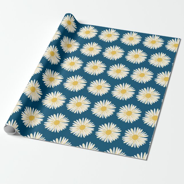 Happy White Daisies Blue Wrapping Paper (Unrolled)