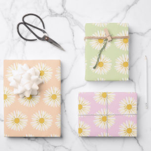 Happy White Daisies Colourful 1970s Retro Wrapping Paper Sheet