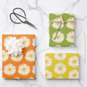 Happy White Daisies Colourful 1970s Retro Wrapping Paper Sheet