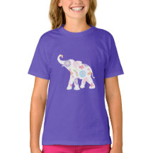 Happy White Elephant with Flowers- T-Shirt