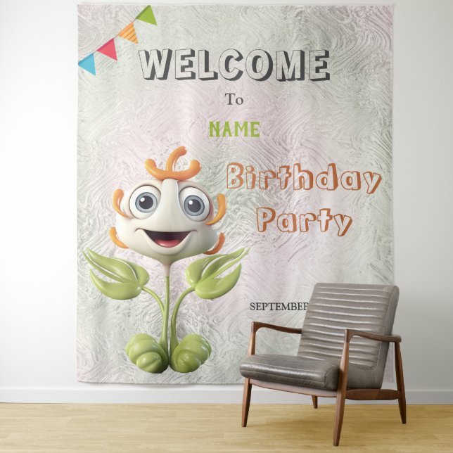 Happy White Flower Birthday Party Backdrop Tapestry (In Situ)