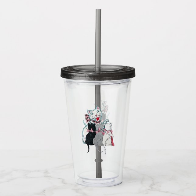 Happy White Mother Cat Three Kittens in Pink Bows Acrylic Tumbler (Front)