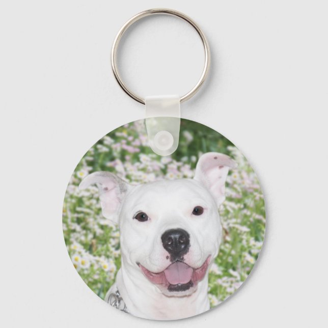 Happy White Pitbull Keychain (Front)