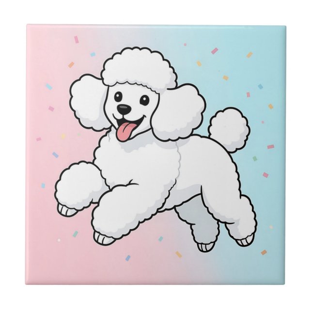 Happy White Poodle Cartoon Tile (Front)