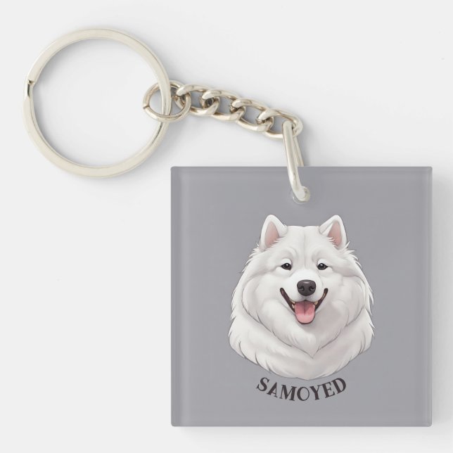 Happy White Samoyed Dog Keychain (Front)