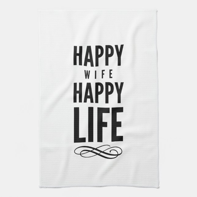 Happy Wife Typography Quotes White Kitchen Towel (Vertical)