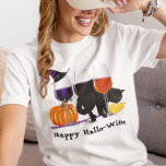 Happy Wine Witch Halloween Black Cat Broom T-Shirt<br><div class="desc">This design was created though digital art. You may change the style of this shirt by choosing More > under the style option. It may be personalized by clicking the customize button and changing the colour, adding a name, initials or your favourite words. Contact me at colorflowcreations@gmail.com if you with...</div>