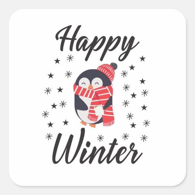 Happy Winter, Cute Penguin Square Sticker (Front)