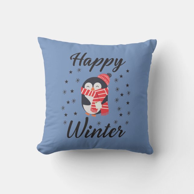 Happy Winter, Cute Penguin Throw Pillow (Front)