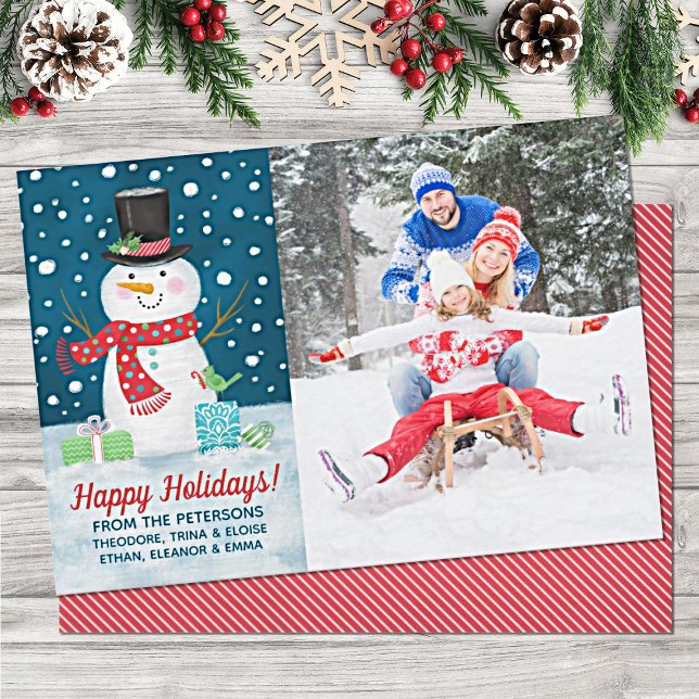 Happy Winter Snowman Christmas Holiday Card (Add your names and photo to this cute snowman Christmas card.)
