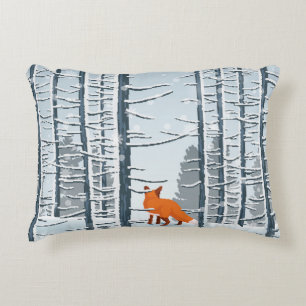 Happy Winter with Forest Landscape and fox animal Accent Pillow