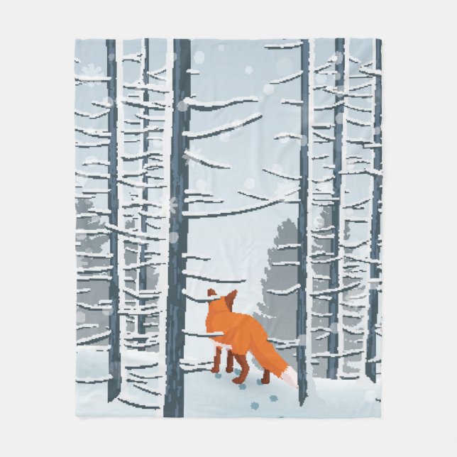 Happy Winter with Forest Landscape and fox animal Fleece Blanket (Front)