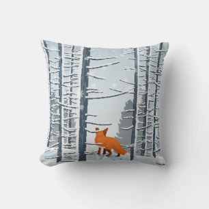 Happy Winter with Forest Landscape and fox animal Throw Pillow