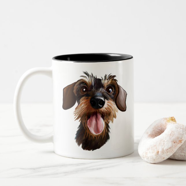 Happy Wirehaired Dachshund Two-Tone Coffee Mug (With Donut)