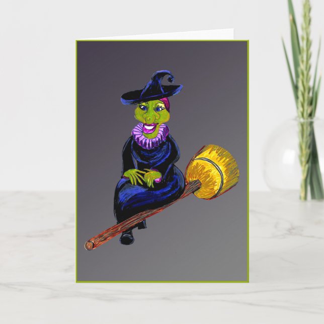 Happy Witch Flying On a Broomstick Halloween Card (Front)