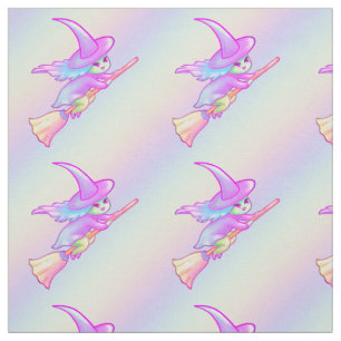 Happy Witch Flying On Broomstick Drawing Fabric
