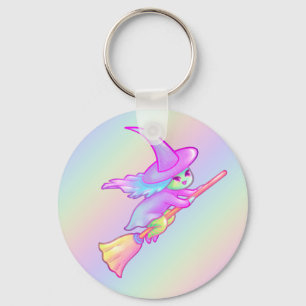 Happy Witch Flying On Broomstick Drawing Keychain