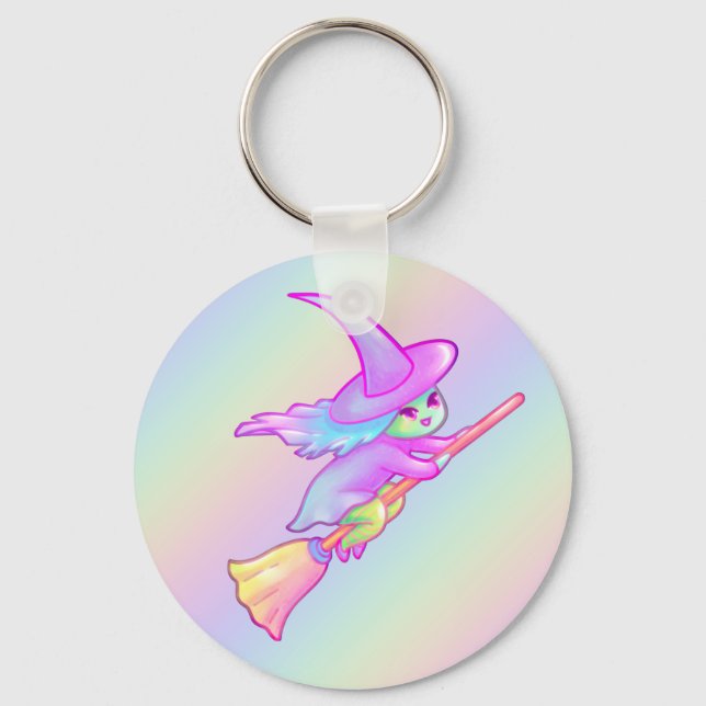 Happy Witch Flying On Broomstick Drawing Keychain (Front)
