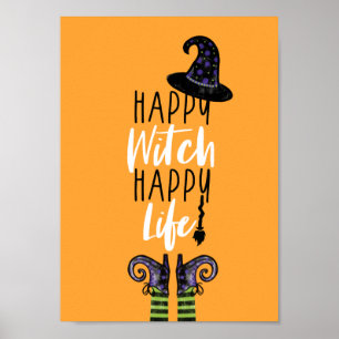 Happy Witch Happy Life   Orange Halloween Witch Poster