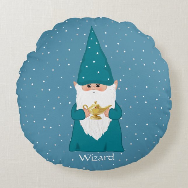 Happy Wizard Gnome & Magic Lamp on Sapphire Blue Round Pillow (Front)