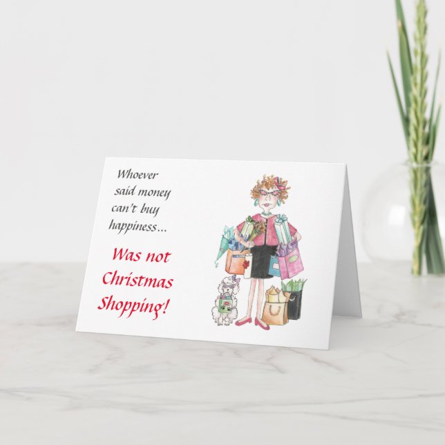 Happy Woman Caricature, She Knew Where to Shop Holiday Card (Front)