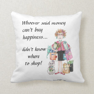 Happy Woman Caricature, She Knew Where to Shop  Throw Pillow