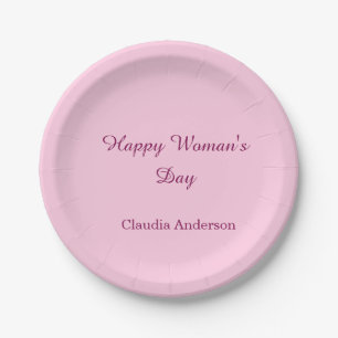 Happy woman's day pink mauve name stylish calligra paper plate