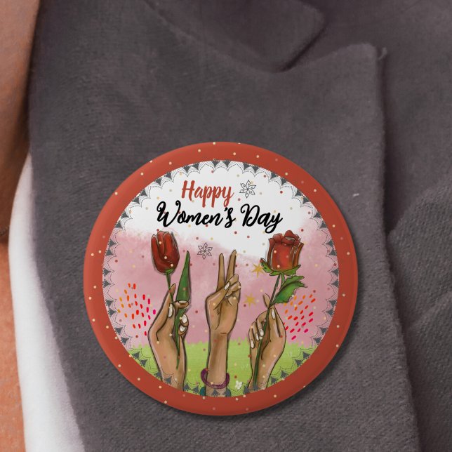 Happy Women's Day Red Button Hands Holding Tulips (Happy Women's Day Red Button Hands Holding Tulips)