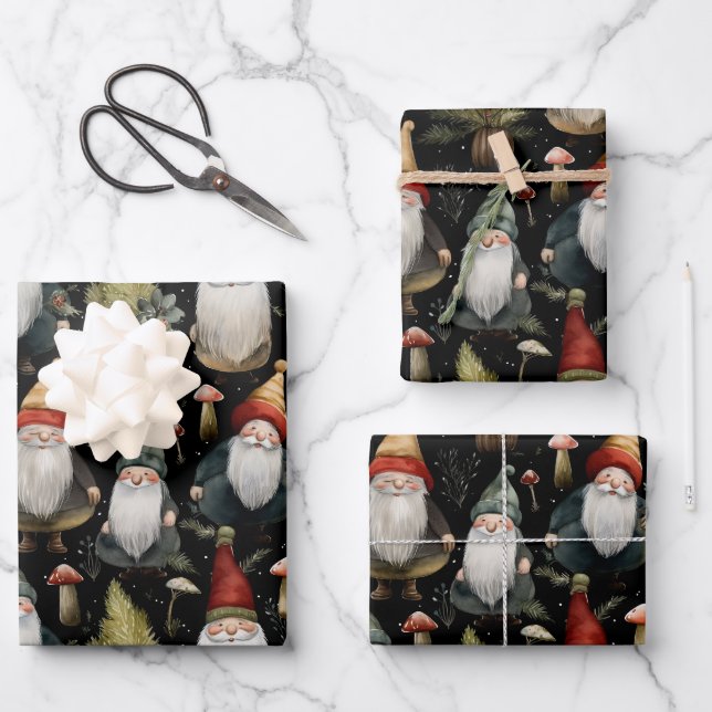 Happy Woodland Christmas Gnomes Wrapping Paper (Front)