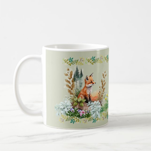 Happy Woodland Floral Fox Mug Watercolor Look 2 (Left)