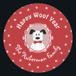 'Happy Woof Year' Dalmatian Christmas  Classic Round Sticker<br><div class="desc">Elevate your holiday gifts with our adorable round stickers featuring a charming Dalmatian in a vintage-style photo frame set against a Christmas red background with a whimsical flurry of white paw prints – our snow with a twist! Customize the text to add a personal touch to your presents and envelope...</div>