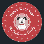 'Happy Woof Year' Dalmatian Christmas  Classic Round Sticker<br><div class="desc">Elevate your holiday gifts with our adorable round stickers featuring a charming Dalmatian in a vintage-style photo frame set against a Christmas red background with a whimsical flurry of white paw prints – our snow with a twist! Customize the text to add a personal touch to your presents and envelope...</div>