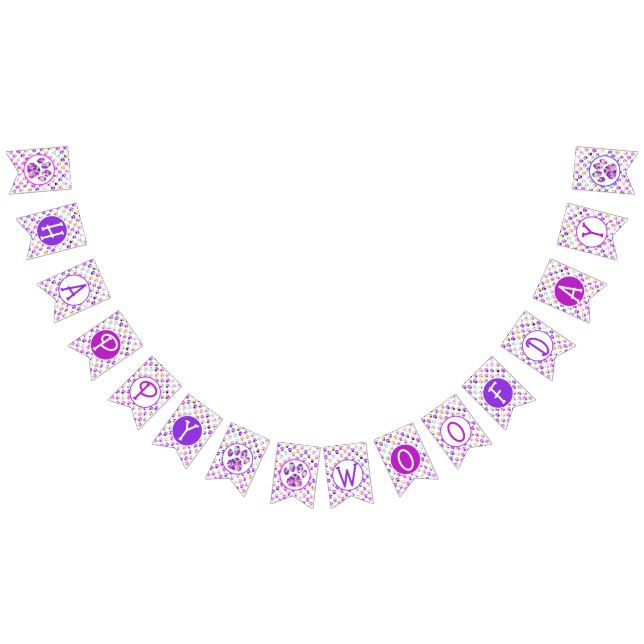 Happy Woofday Purple Pink Yellow Bl Paw Silhouette Bunting Flags (All)