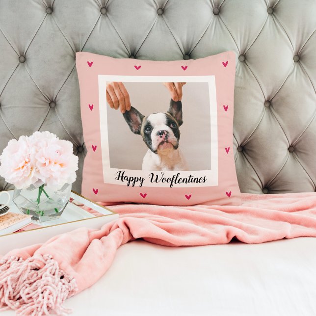 Happy Wooflentines With Dog Photo | Red & Pink Throw Pillow (Creator Uploaded)