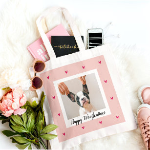 Happy Wooflentines With Dog Photo   Red & Pink Tote Bag
