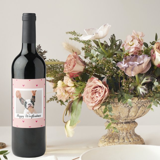 Happy Wooflentines With Dog Photo | Red & Pink Wine Label (Creator Uploaded)