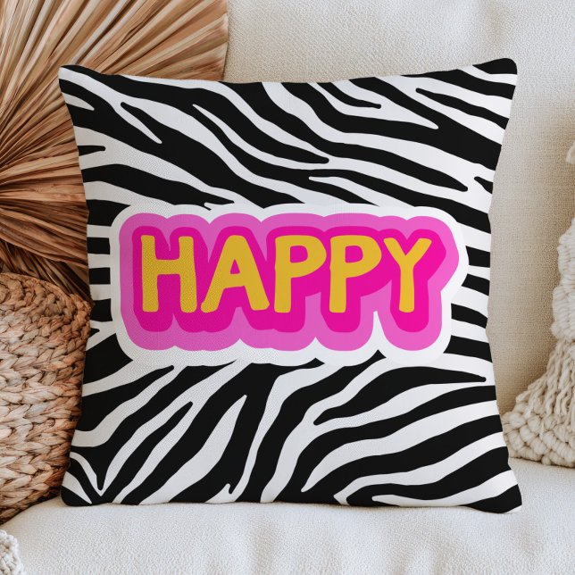 Happy Word on Zebra Print Pattern Bold Dopamine  Throw Pillow (Creator Uploaded)
