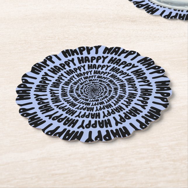 Happy words font spiral concentric circles lilac b paper coaster (Angled)