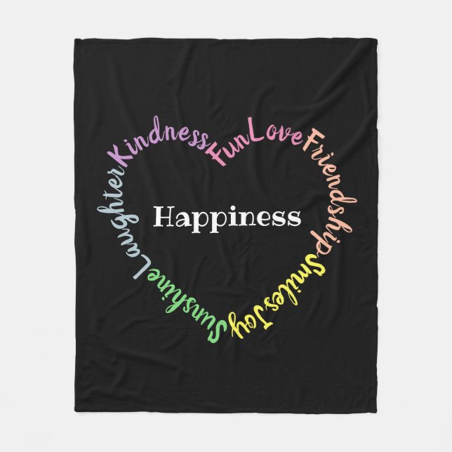 Happy Words Pastel Typography Heart Black Fleece Blanket (Front)