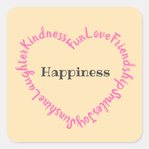 Happy Words Typographic Heart Pink and Peach Square Sticker