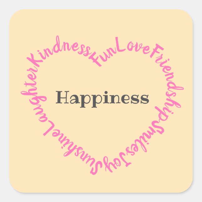 Happy Words Typographic Heart Pink and Peach Square Sticker (Front)