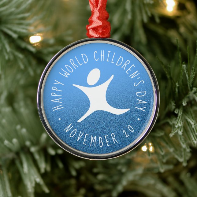 Happy World Children's Day Blue Glitter Metal Ornament (Tree)